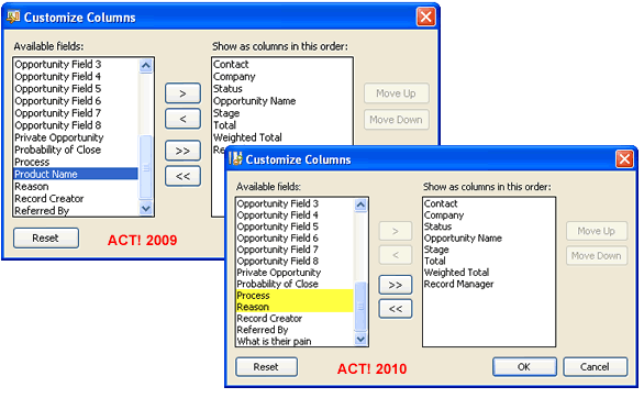 Comparison of the Customize Columns window in Act! 2009 and 2010